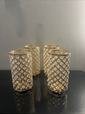 Elegant Gold Crystal Lattice Votive Glasses (Set of 4)